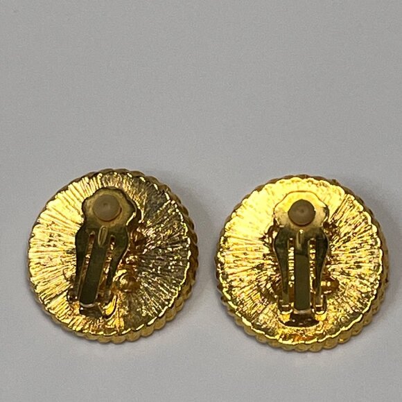 Vintage Navy Blue & Gold Clip-On Earrings With Twisted Rope Design & Cross - Picture 2 of 4